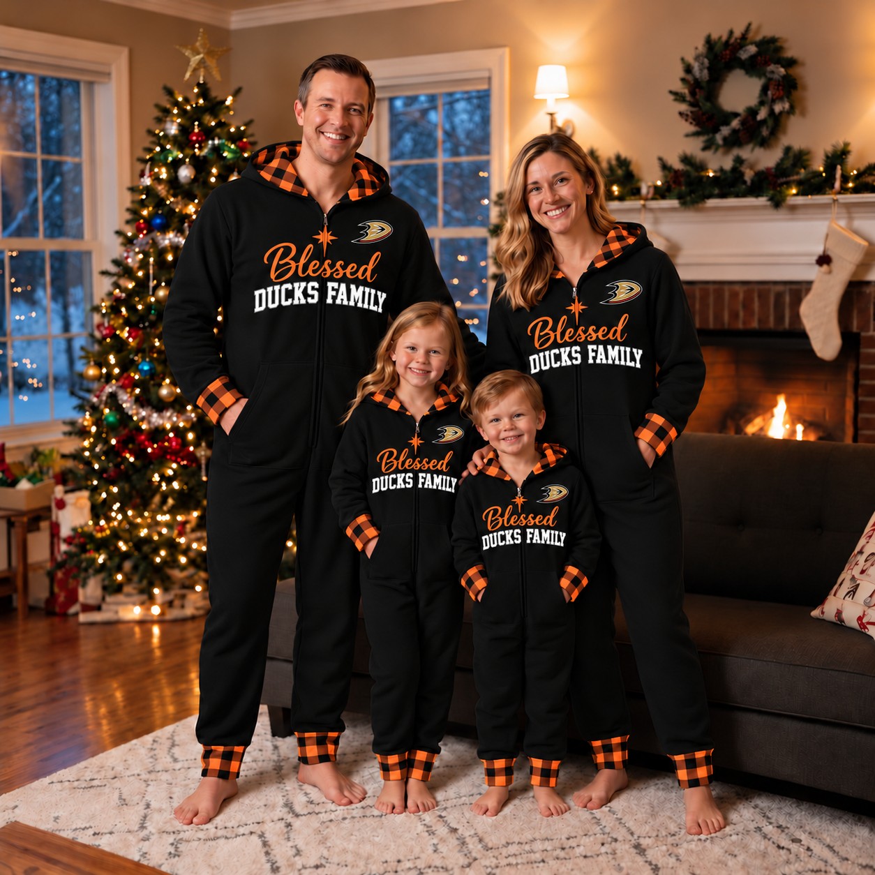 Anaheim Ducks family Christmas onesies, blessed design