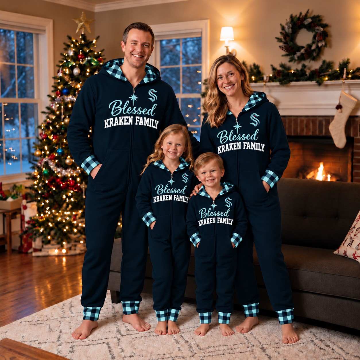 Seattle Kraken family Christmas onesies, blessed design