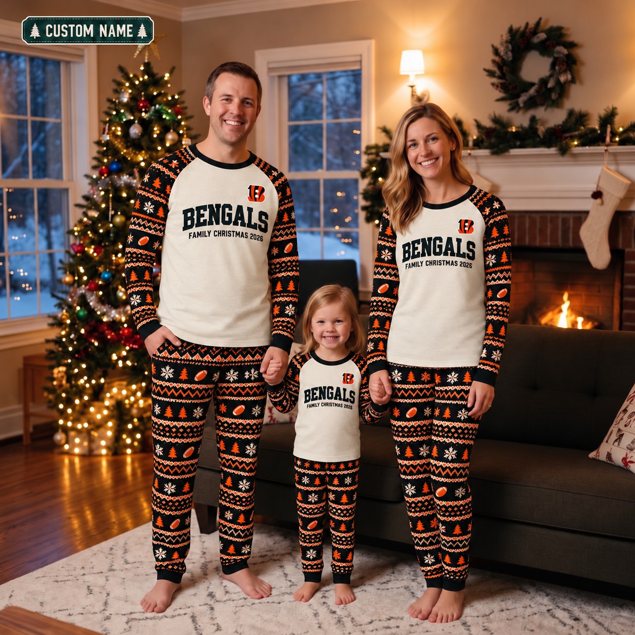 Cincinnati Bengals family Christmas pajamas, fair isle design
