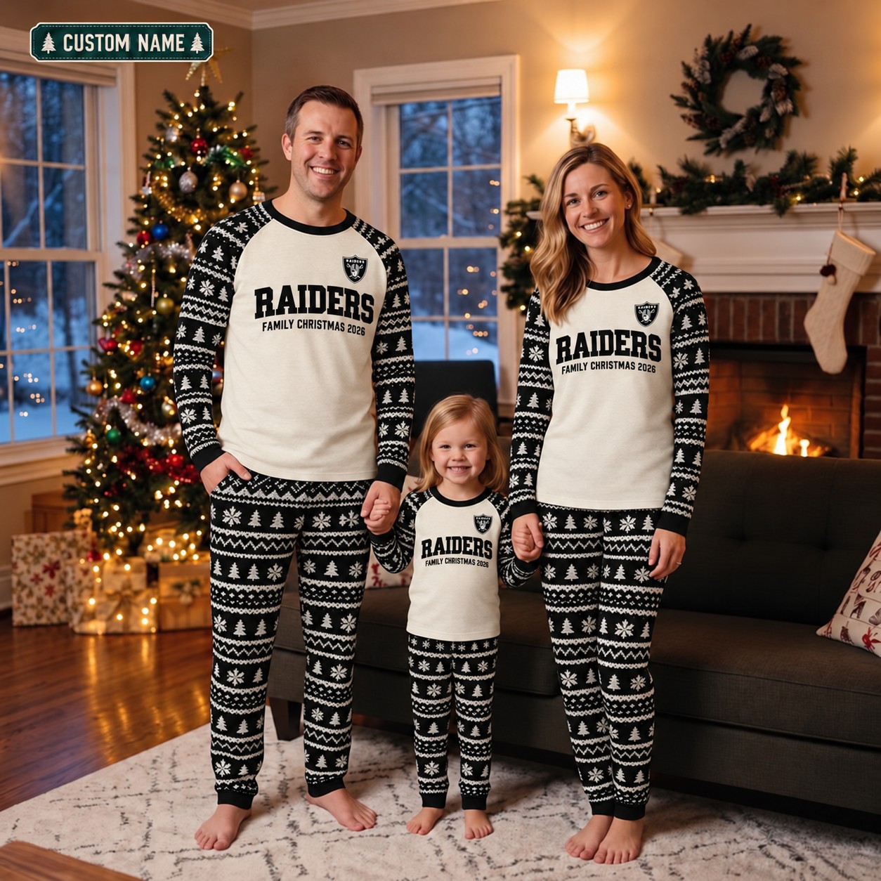 Las Vegas Raiders family Christmas pajamas, fair isle design