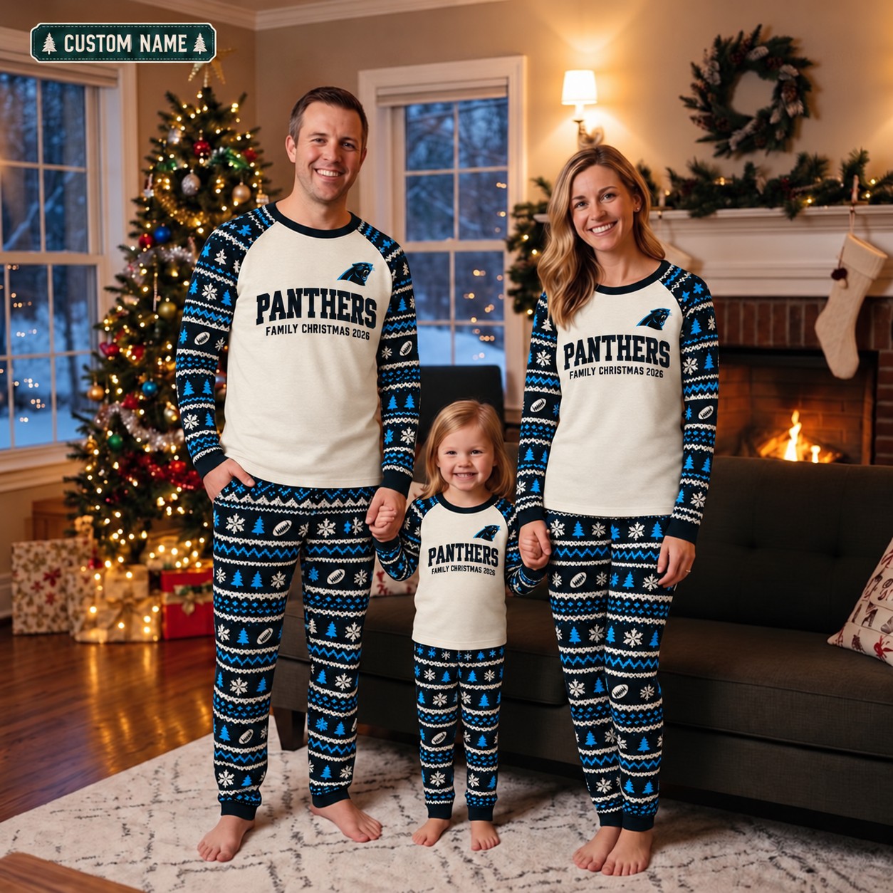 Carolina Panthers family Christmas pajamas, fair isle design