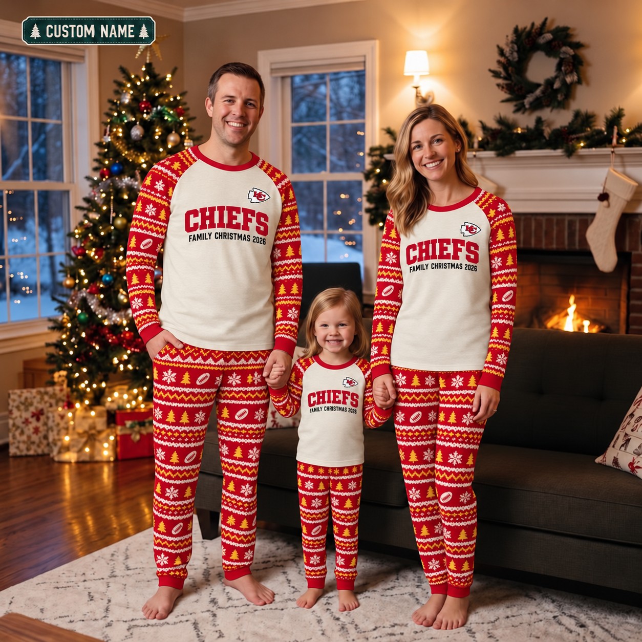 Kansas City Chiefs family Christmas pajamas, fair isle design