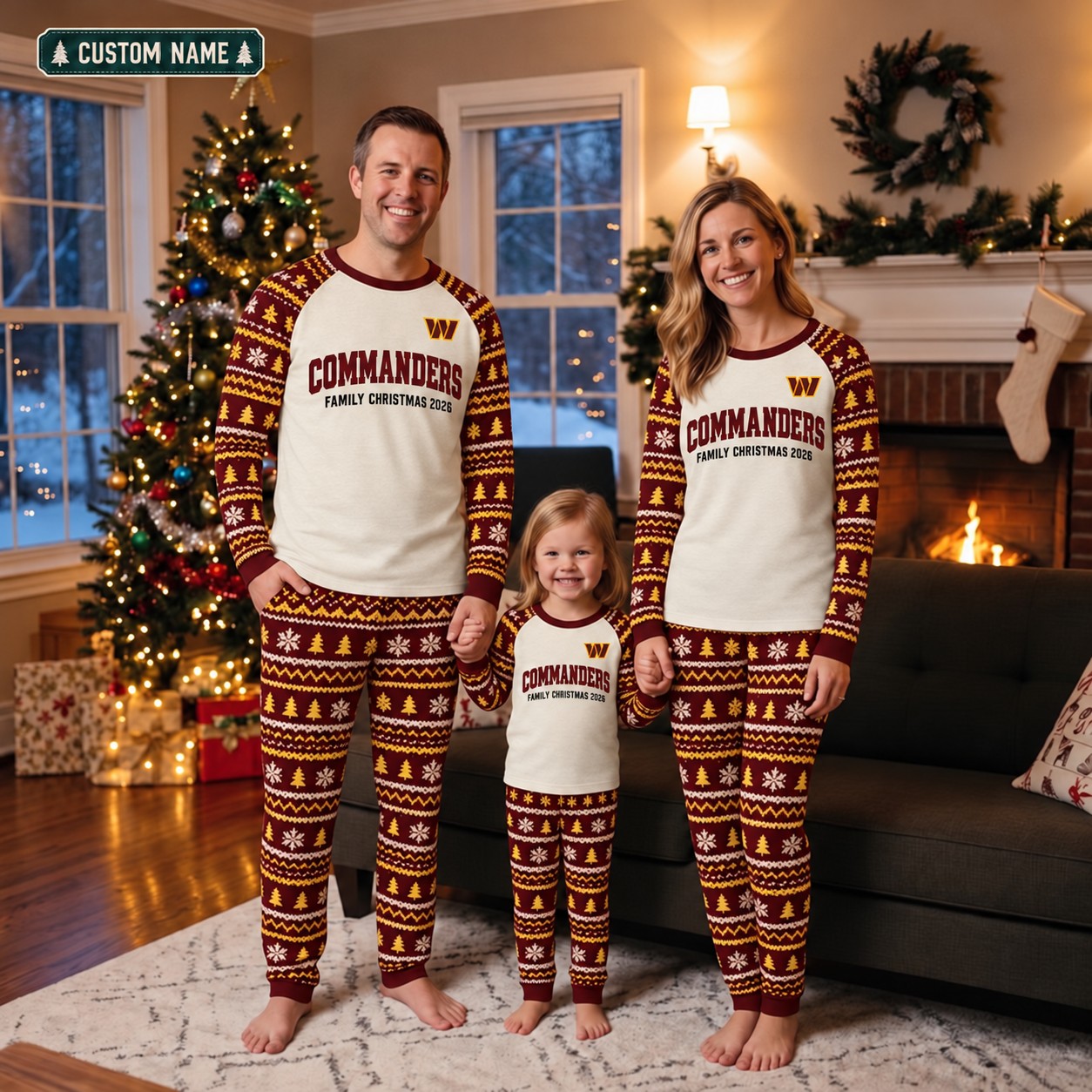 Washington Commanders family Christmas pajamas, fair isle design