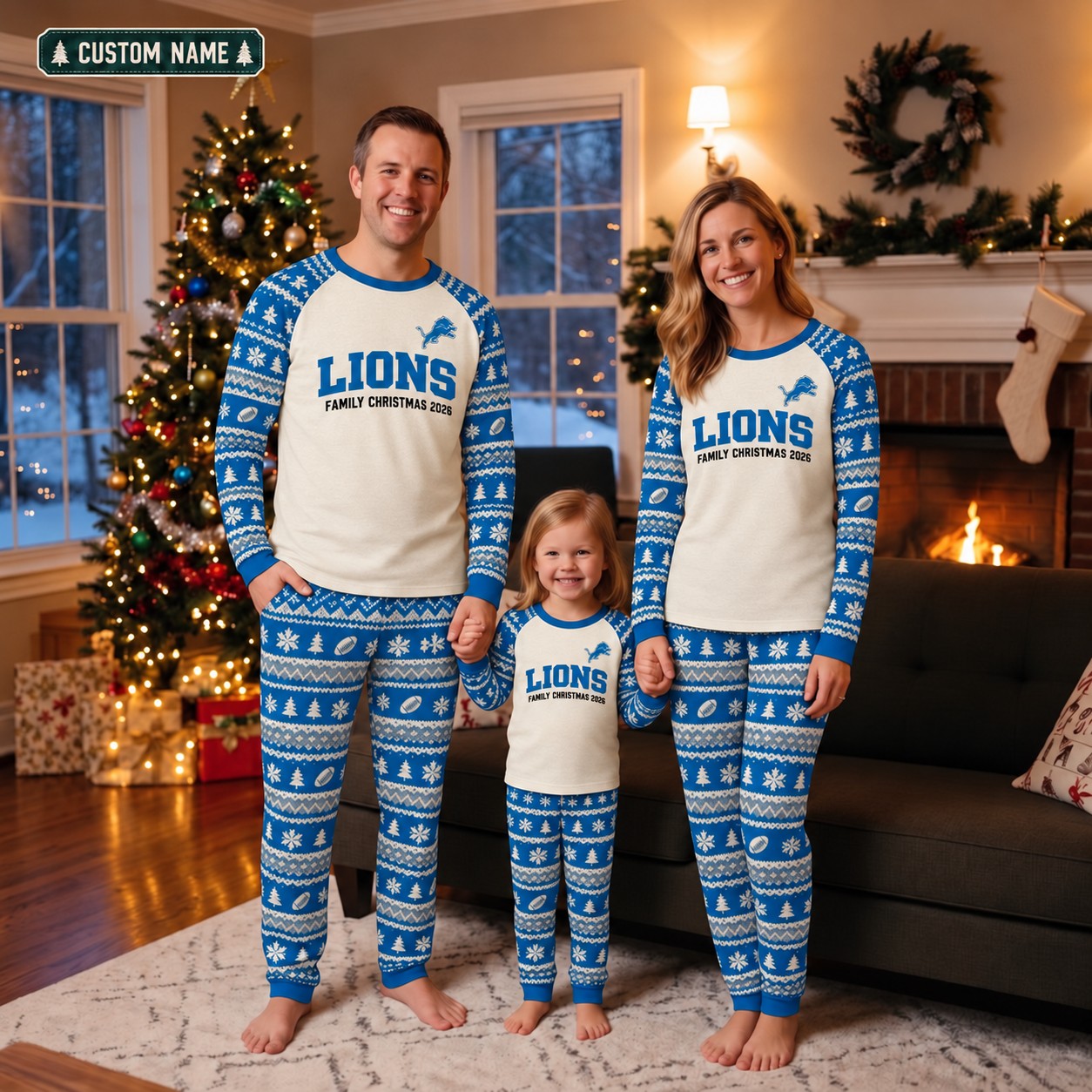 Detroit Lions family Christmas pajamas, fair isle design