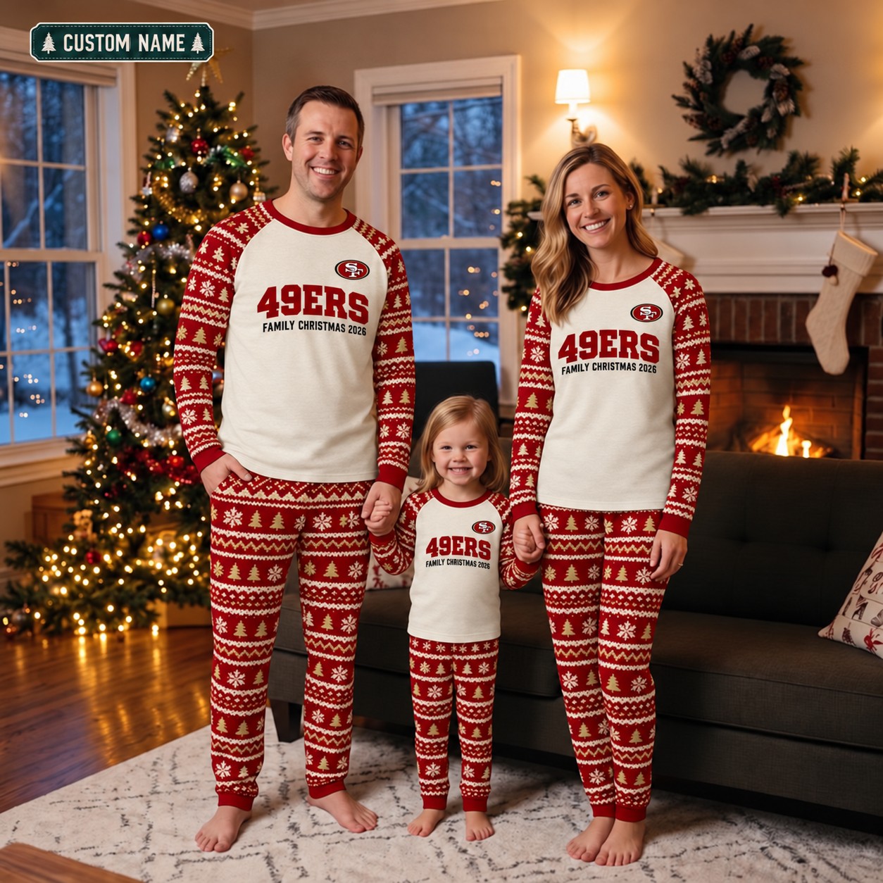 San Francisco 49ers family Christmas pajamas, fair isle design