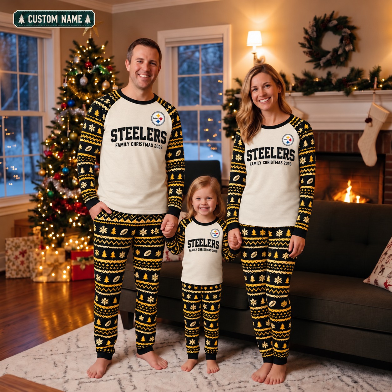 Pittsburgh Steelers family Christmas pajamas, fair isle design