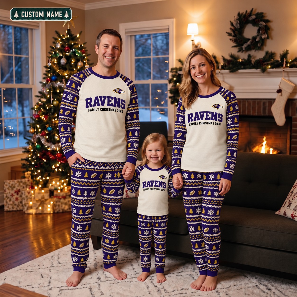 Baltimore Ravens family Christmas pajamas, fair isle design