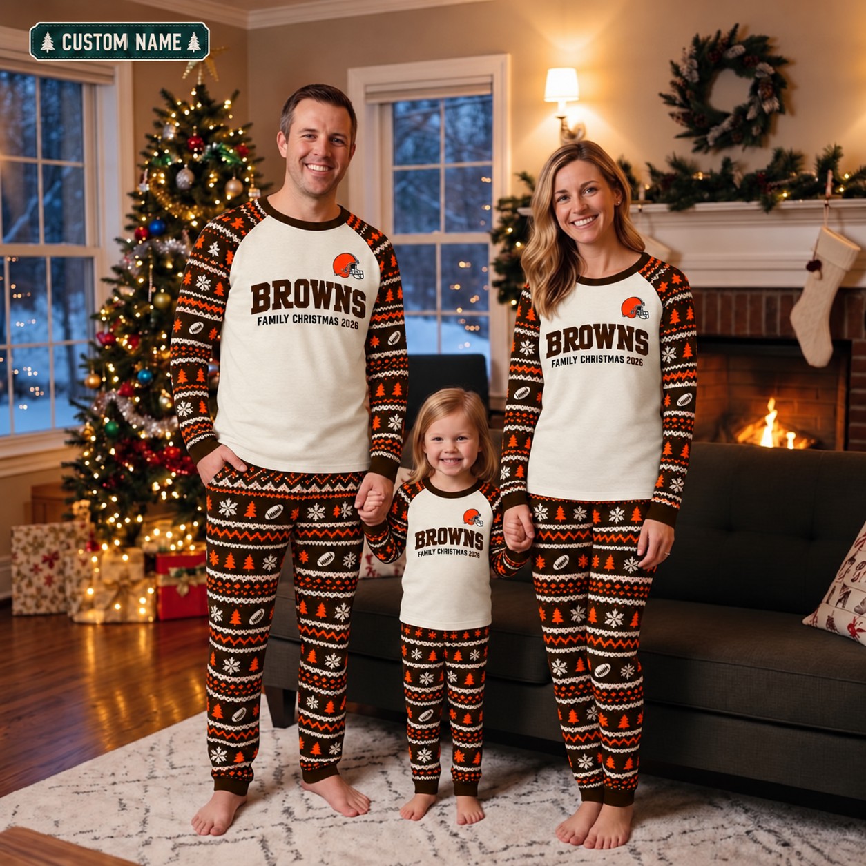 Cleveland Browns family Christmas pajamas, fair isle design