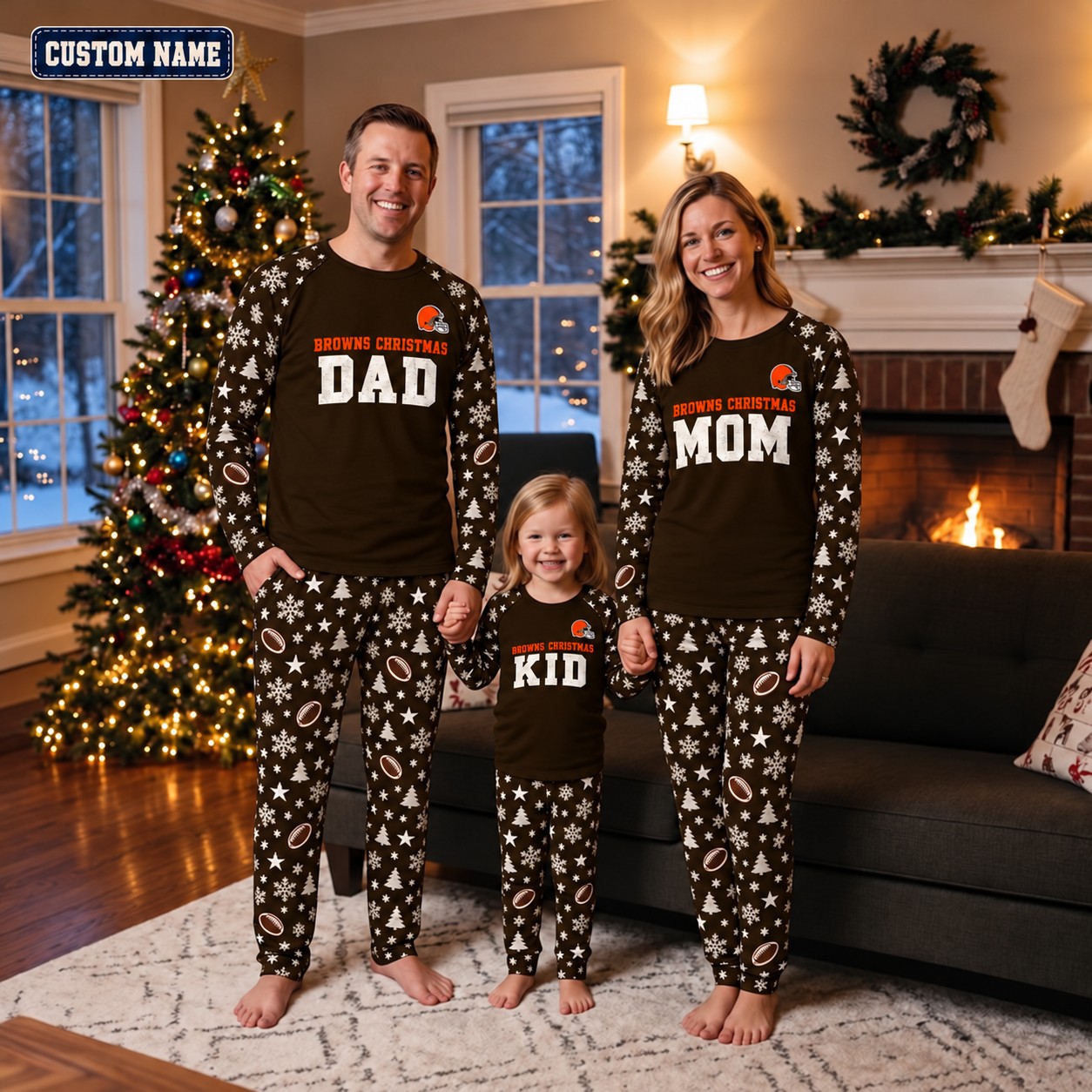 Cleveland Browns family Christmas pajamas, dad mom kid design