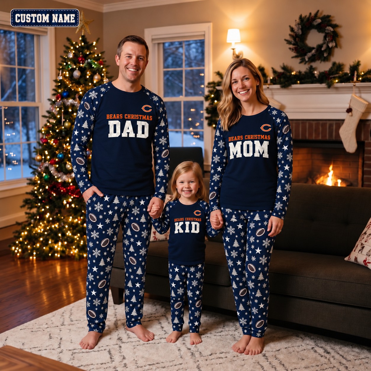 Chicago Bears family Christmas pajamas, dad mom kid design