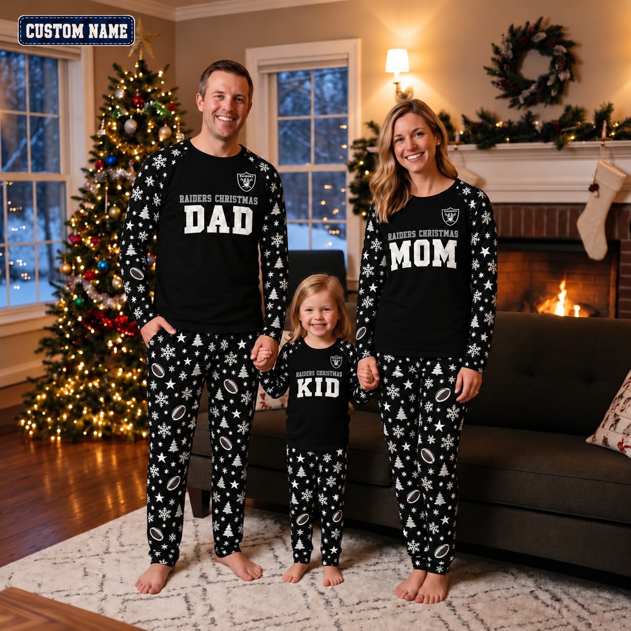 Las Vegas Raiders family Christmas pajamas, dad mom kid design