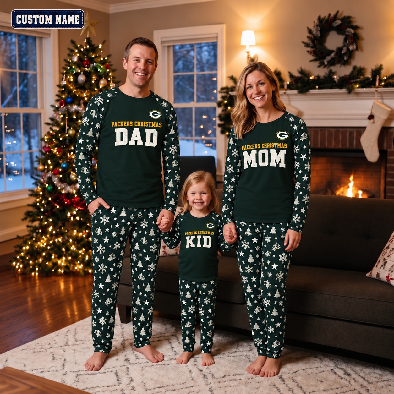 Green Bay Packers family Christmas pajamas, dad mom kid design