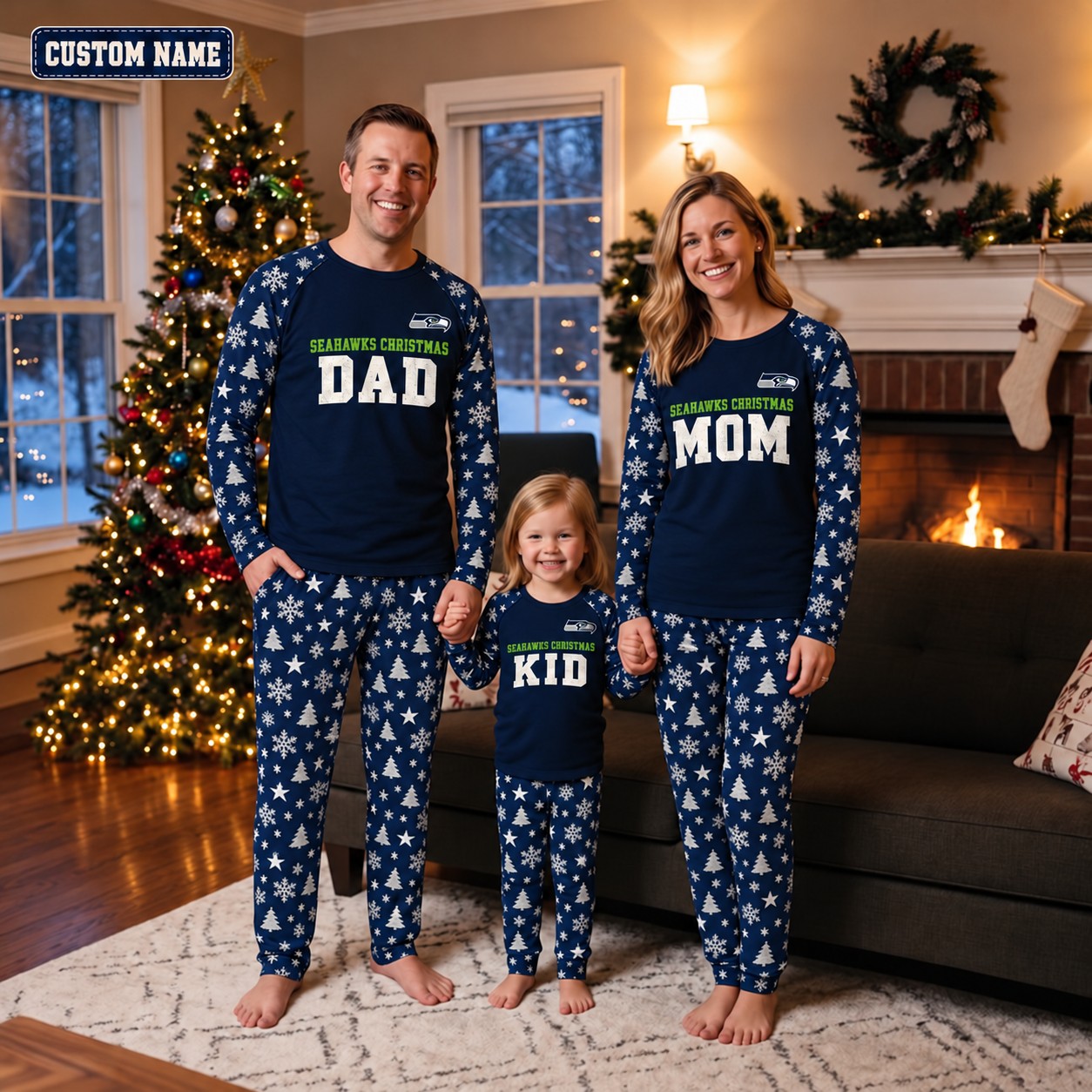 Seattle Seahawks family Christmas pajamas, dad mom kid design
