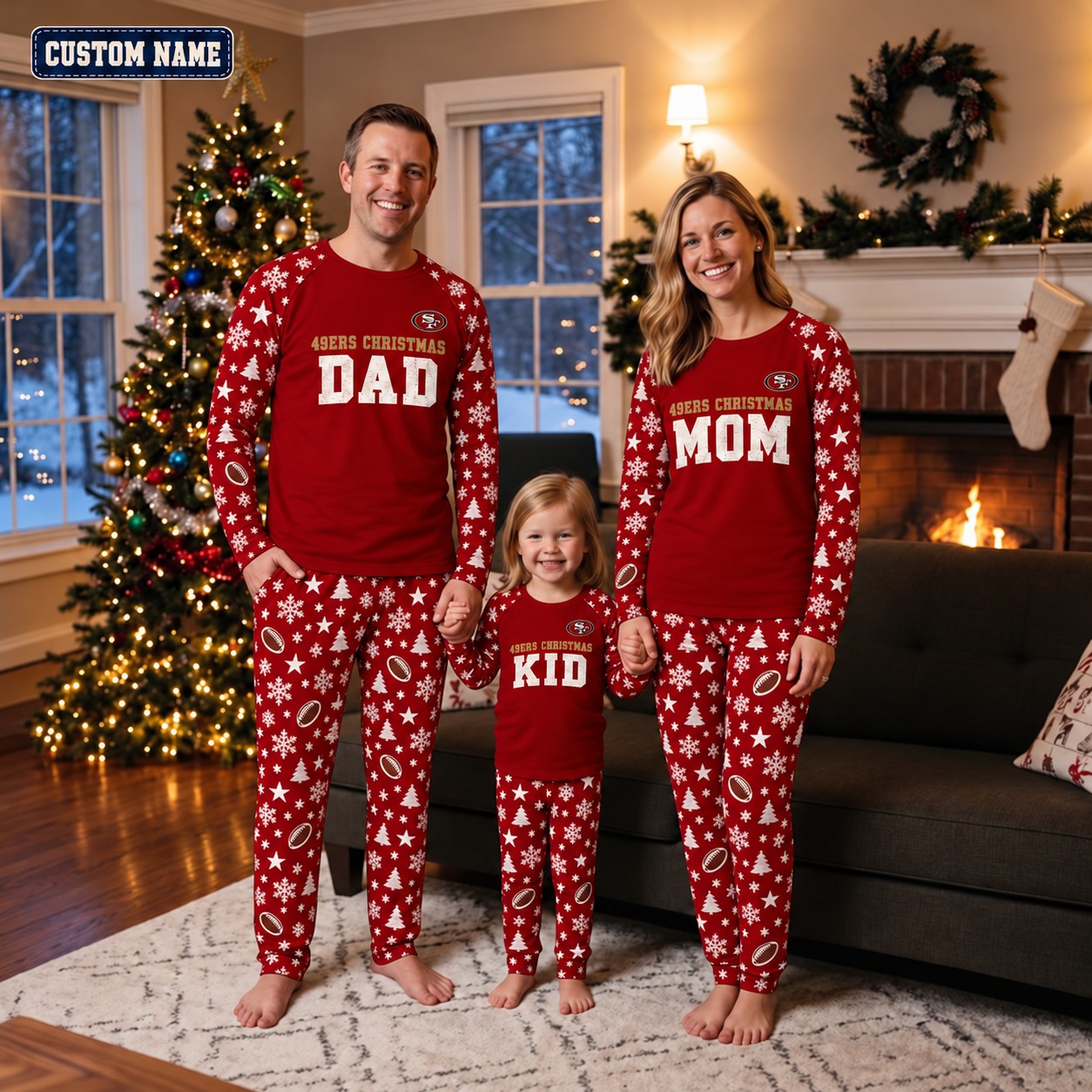 San Francisco 49ers family Christmas pajamas, dad mom kid design