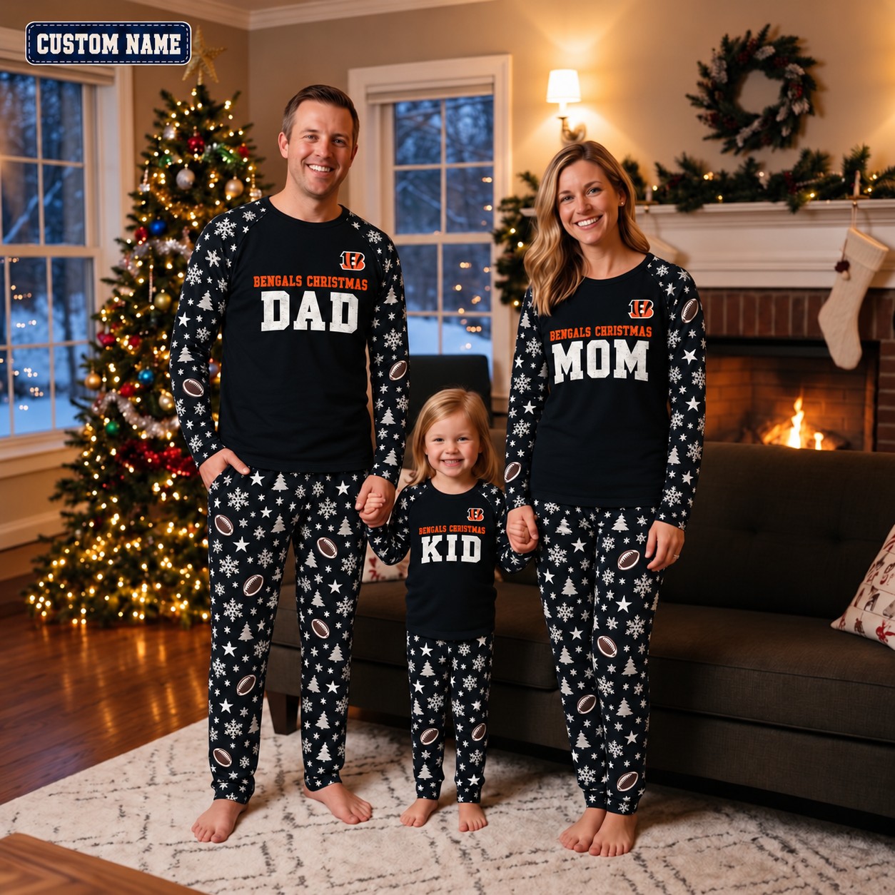 Cincinnati Bengals family Christmas pajamas, dad mom kid design