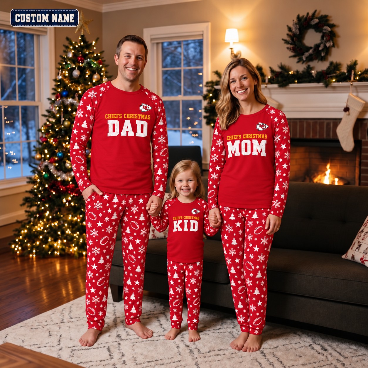 Kansas City Chiefs family Christmas pajamas, dad mom kid design