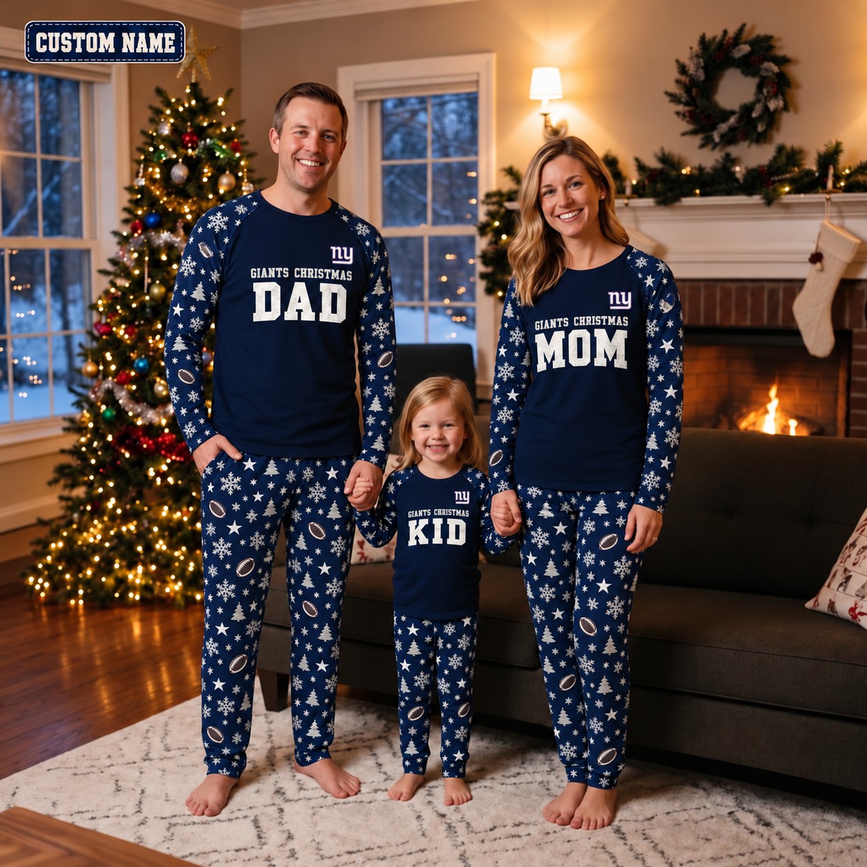 New York Giants family Christmas pajamas, dad mom kid design