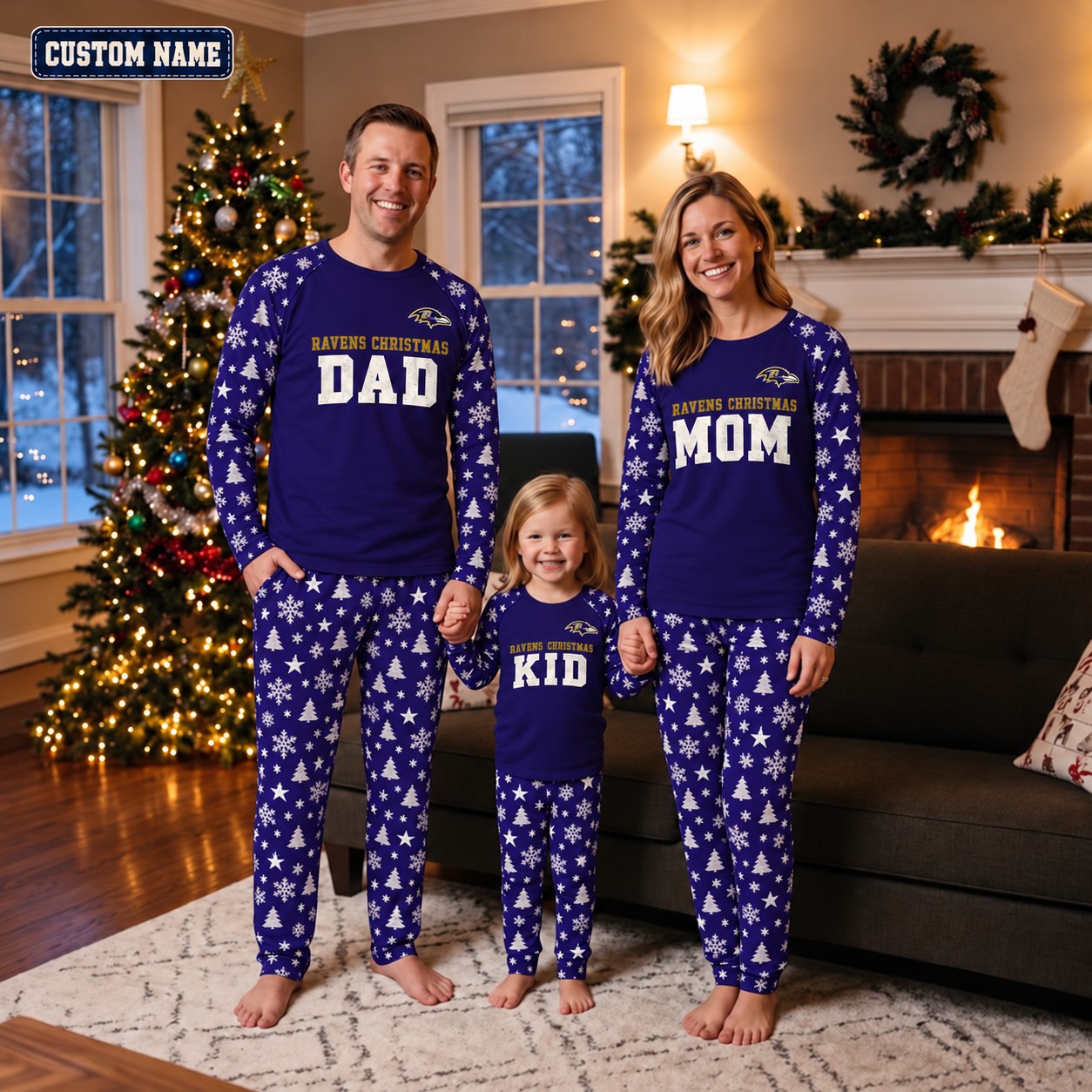 Baltimore Ravens family Christmas pajamas, dad mom kid design