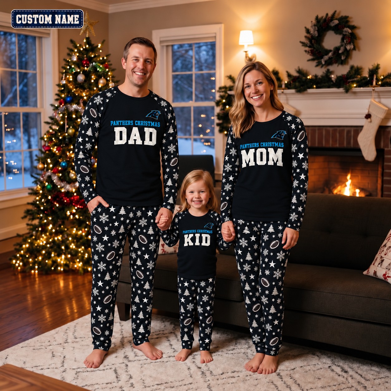 Carolina Panthers family Christmas pajamas, dad mom kid design