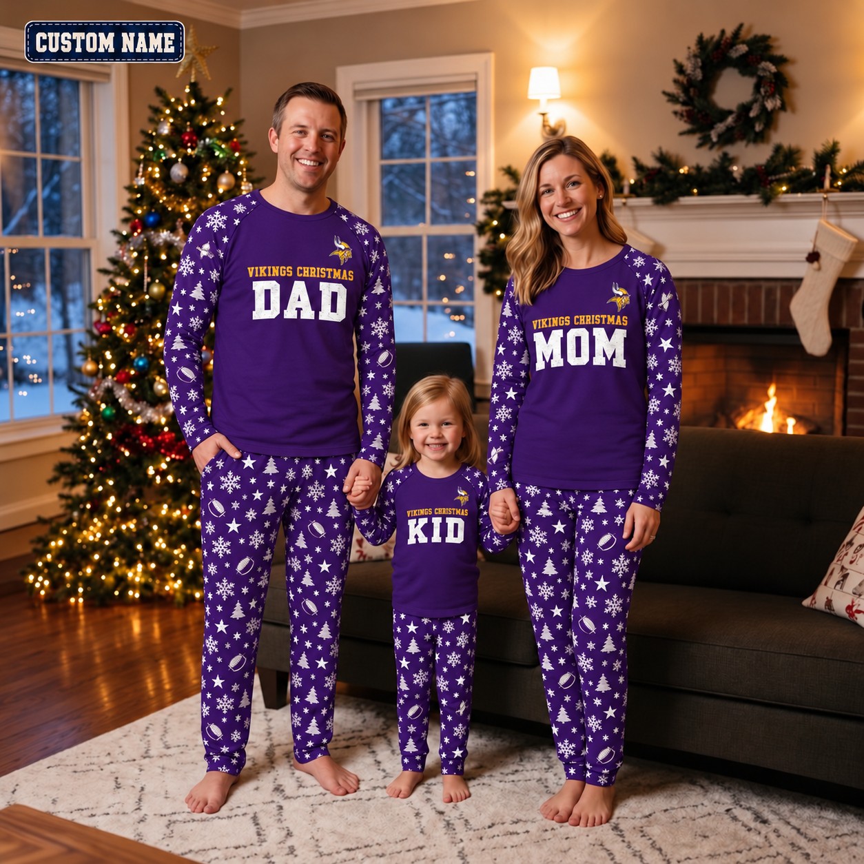 Minnesota Vikings family Christmas pajamas, dad mom kid design
