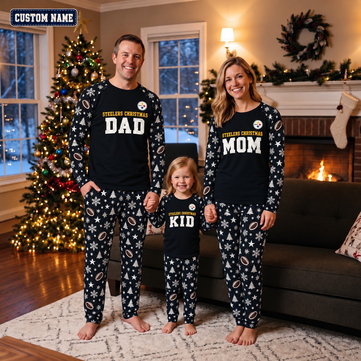 Pittsburgh Steelers family Christmas pajamas, dad mom kid design