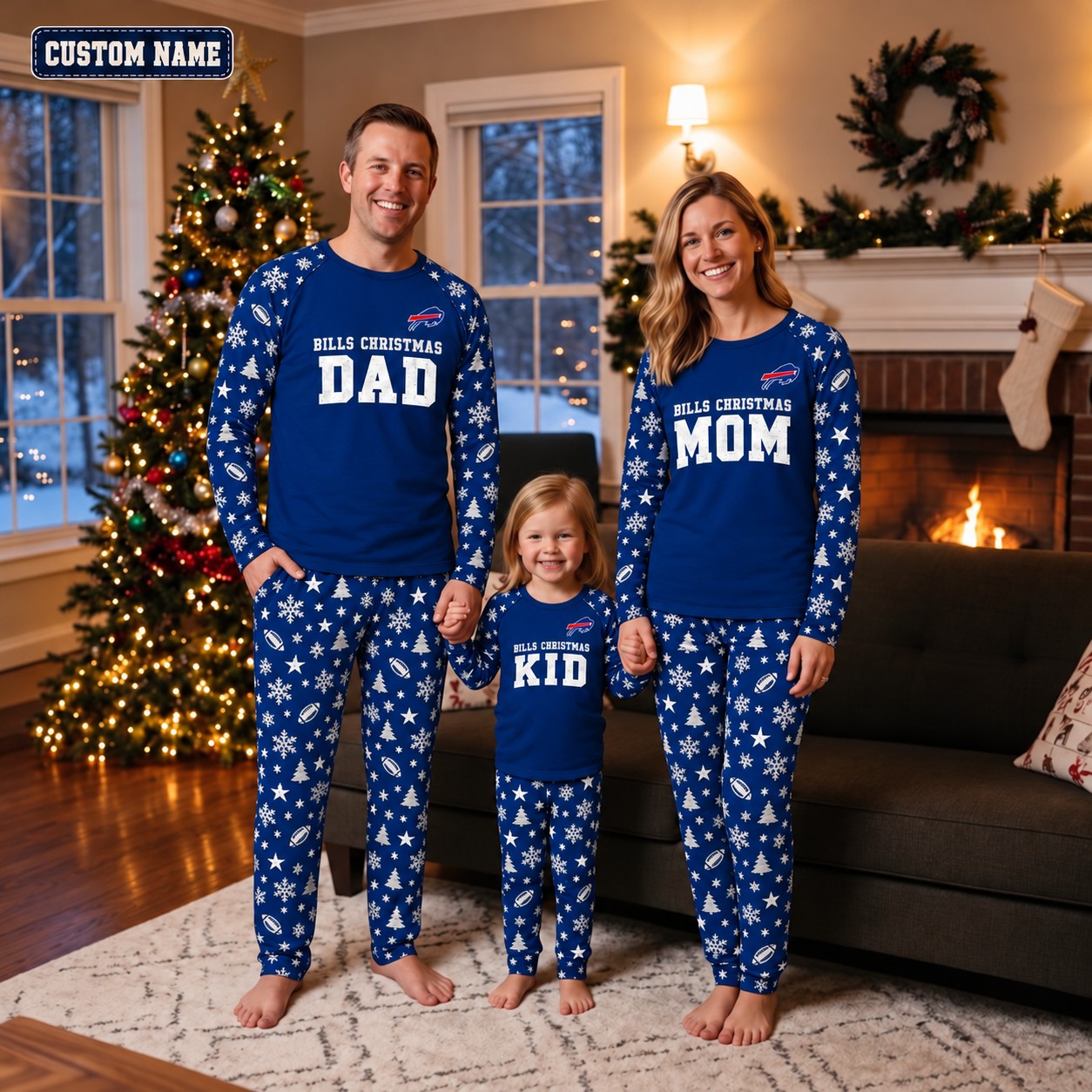 Buffalo Bills family Christmas pajamas, dad mom kid design