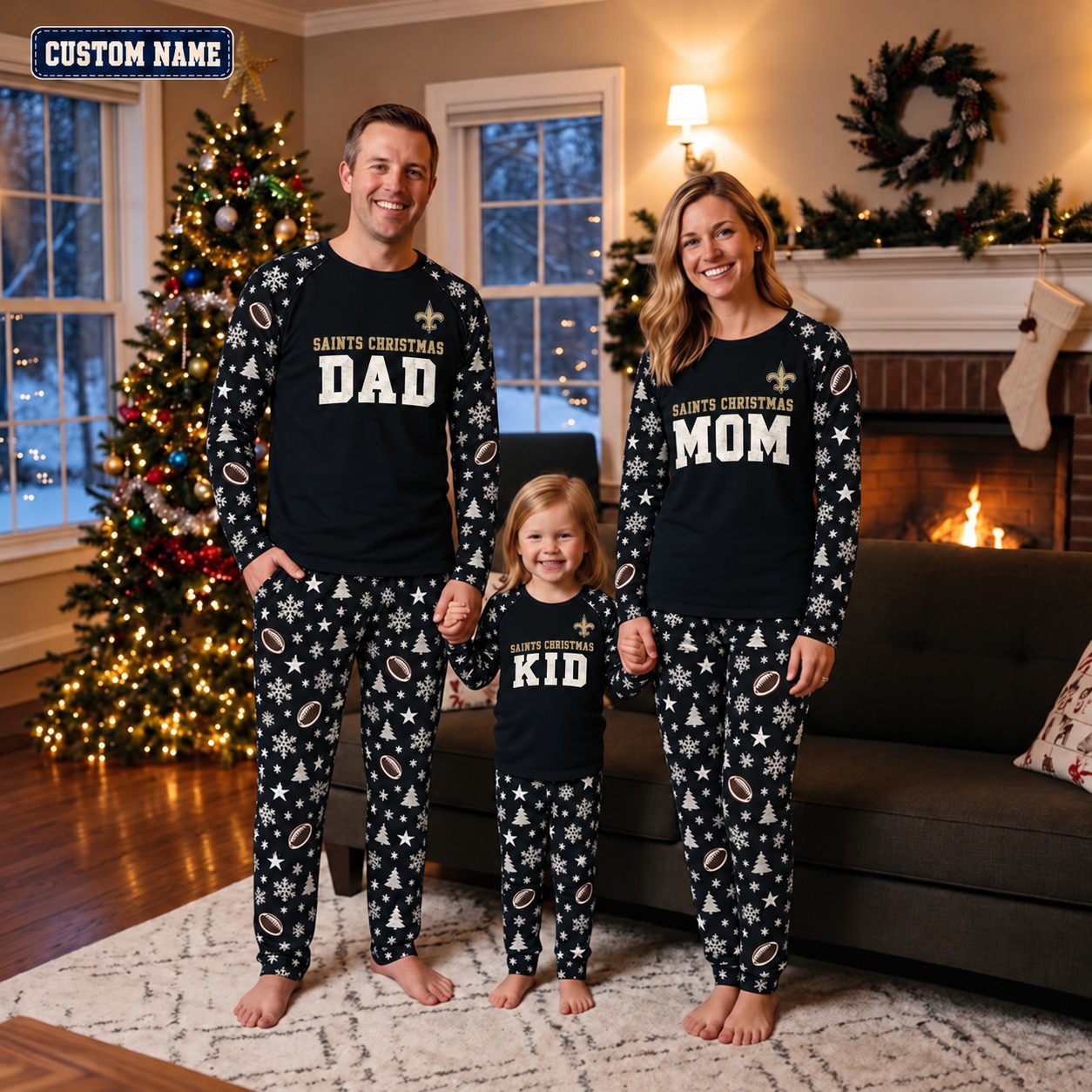 New Orleans Saints family Christmas pajamas, dad mom kid design