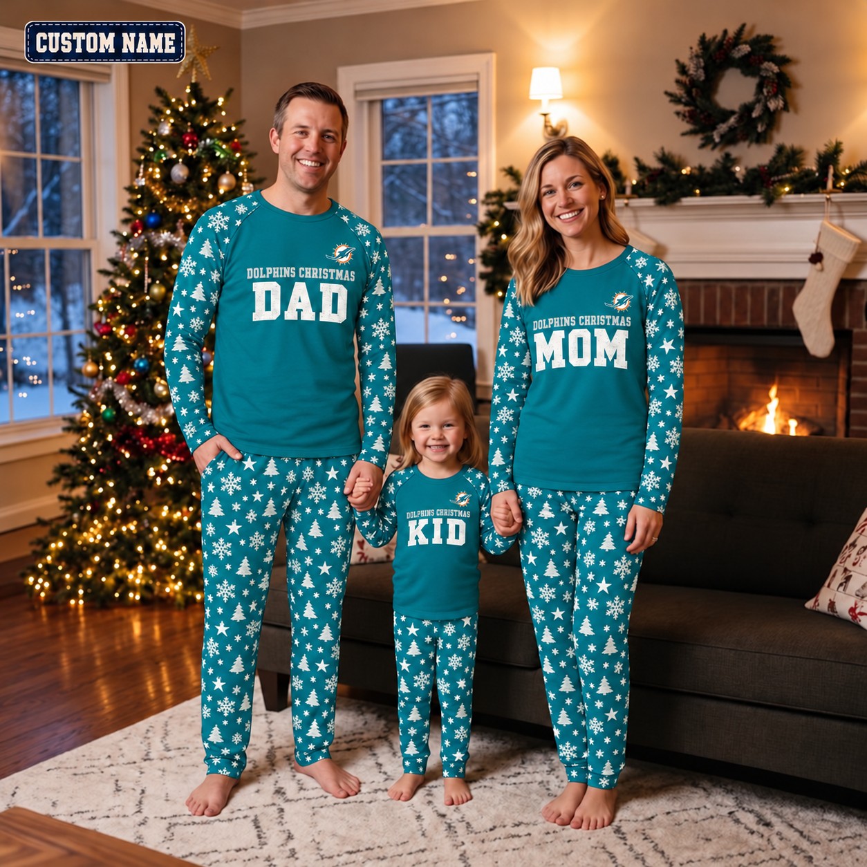 Miami Dolphins family Christmas pajamas, dad mom kid design