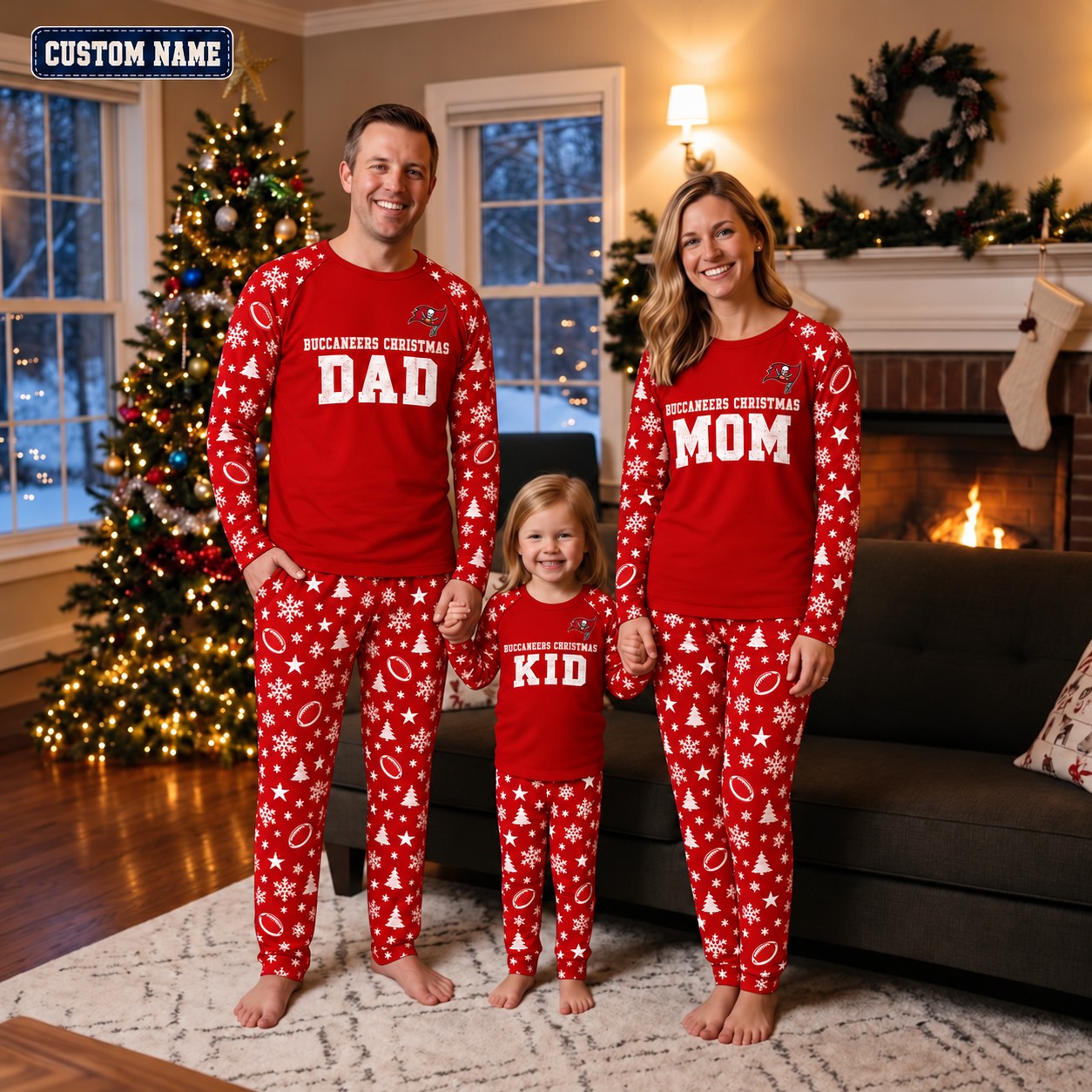Tampa Bay Buccaneers family Christmas pajamas, dad mom kid design