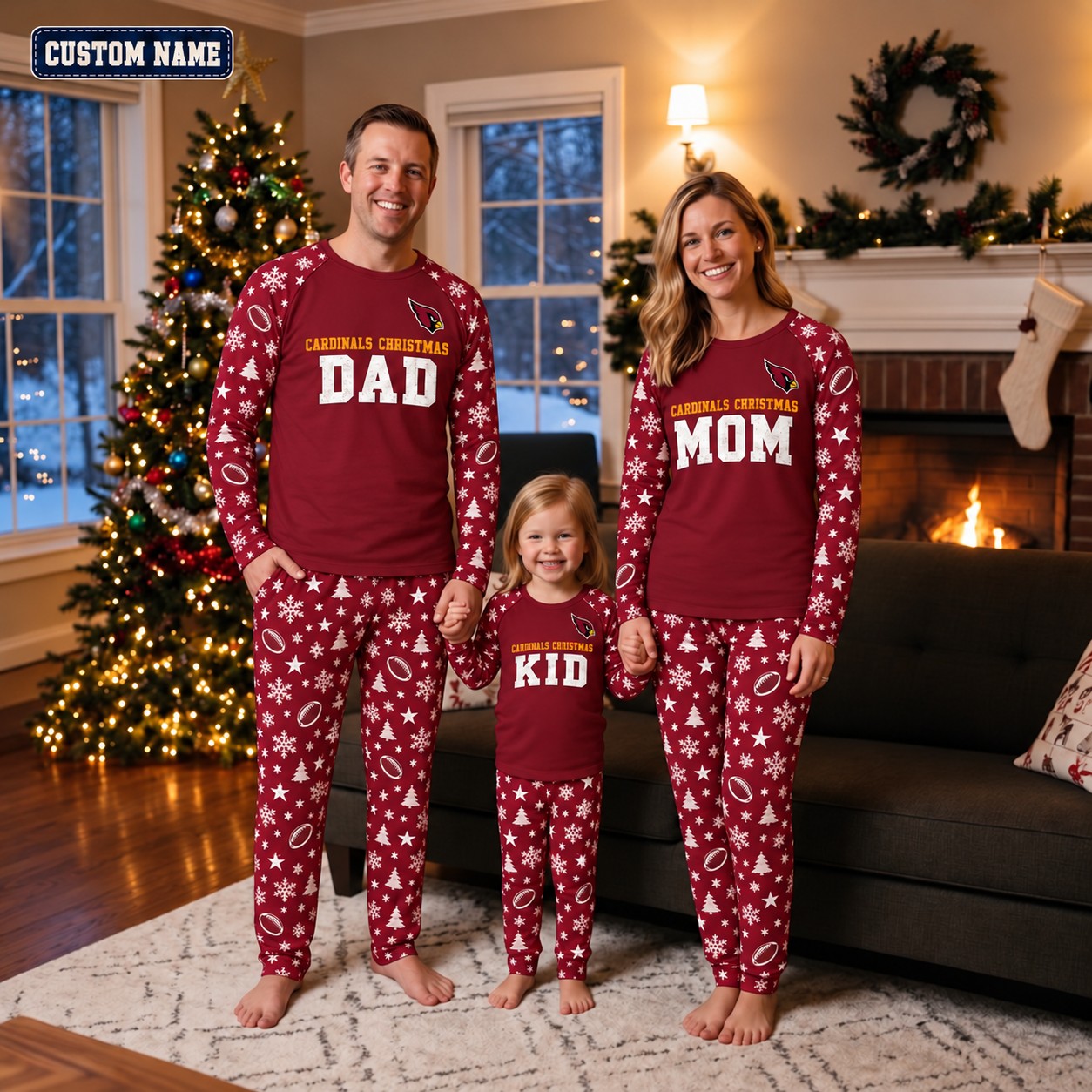 Arizona Cardinals family Christmas pajamas, dad mom kid design