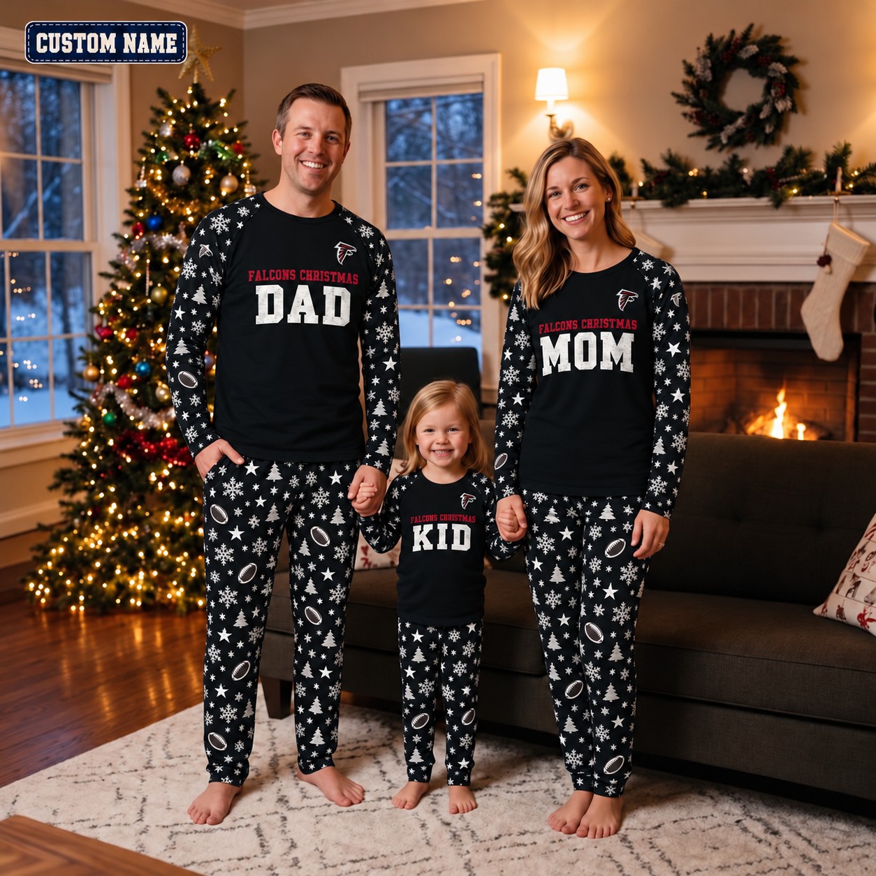 Atlanta Falcons family Christmas pajamas, dad mom kid design