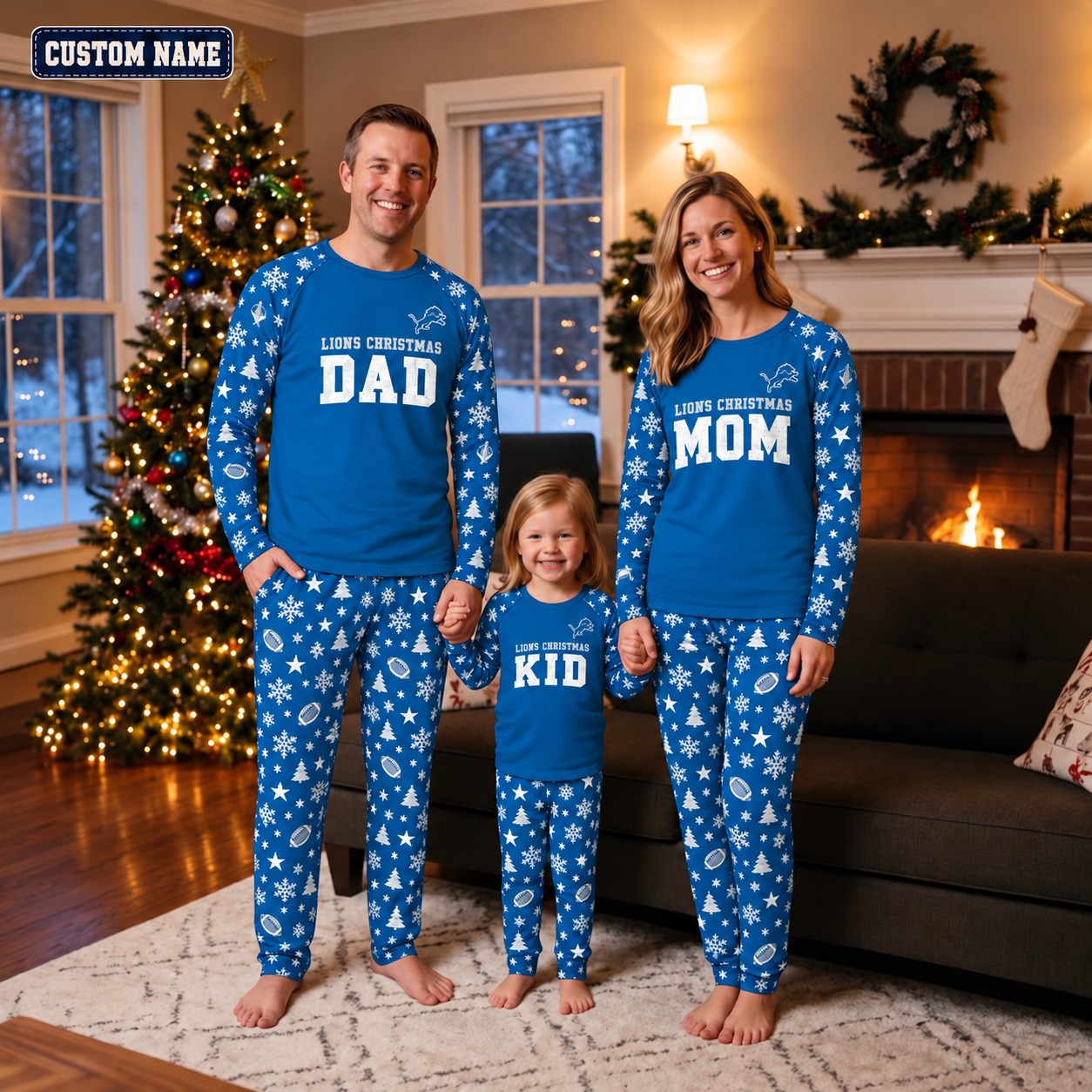 Detroit Lions family Christmas pajamas, dad mom kid design