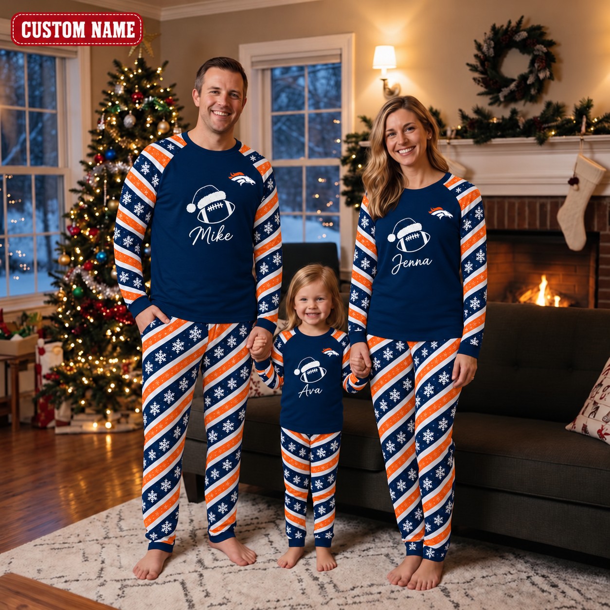 Denver Broncos family Christmas pajamas, candy stripe design