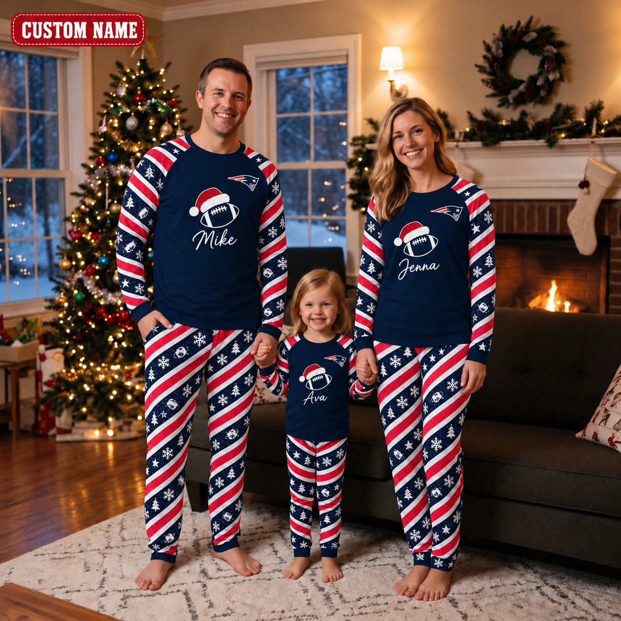 New England Patriots family Christmas pajamas, candy stripe design