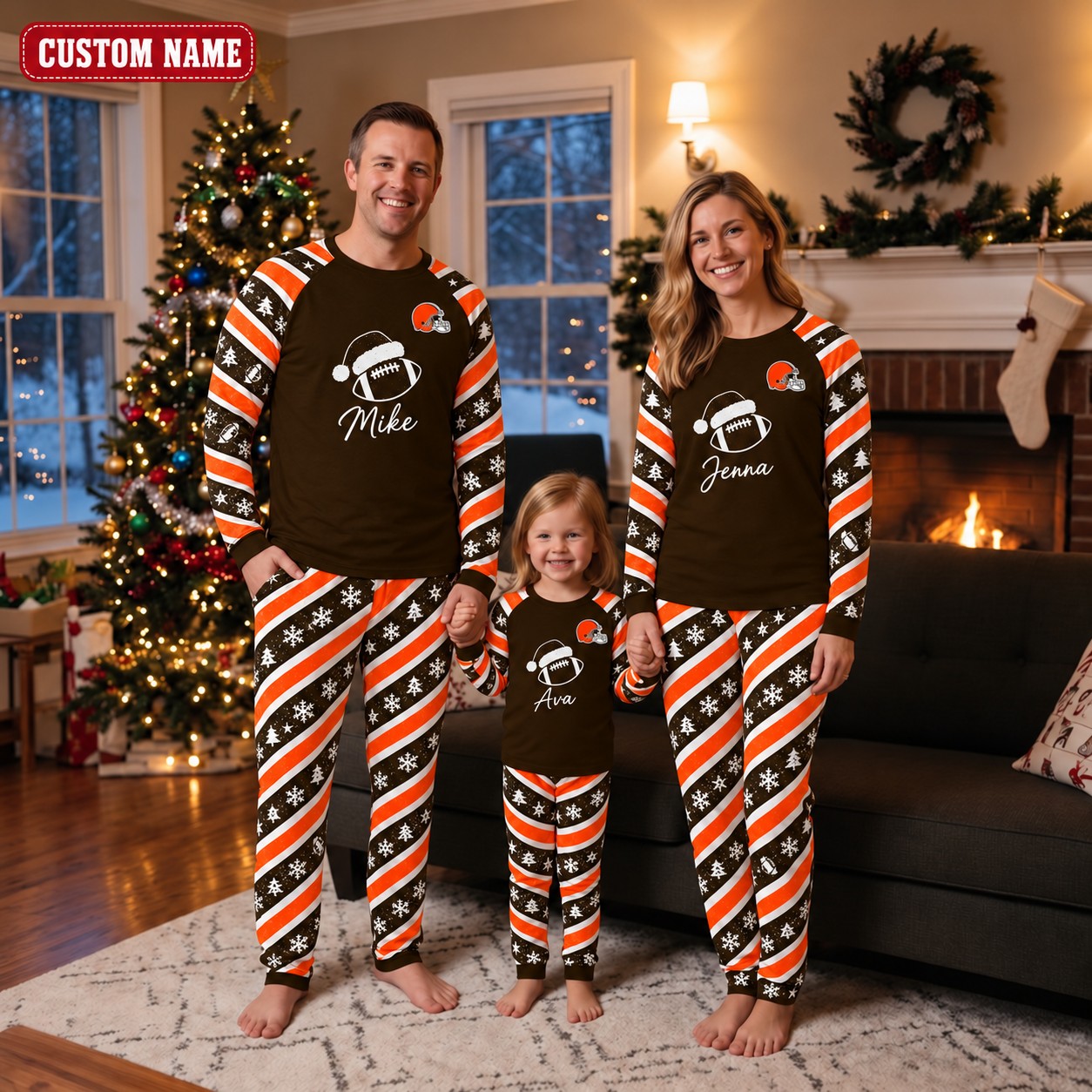 Cleveland Browns family Christmas pajamas, candy stripe design