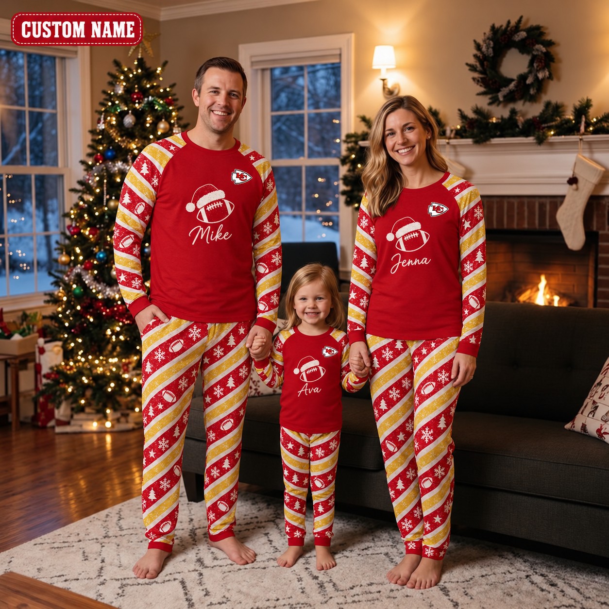 Kansas City Chiefs family Christmas pajamas, candy stripe design