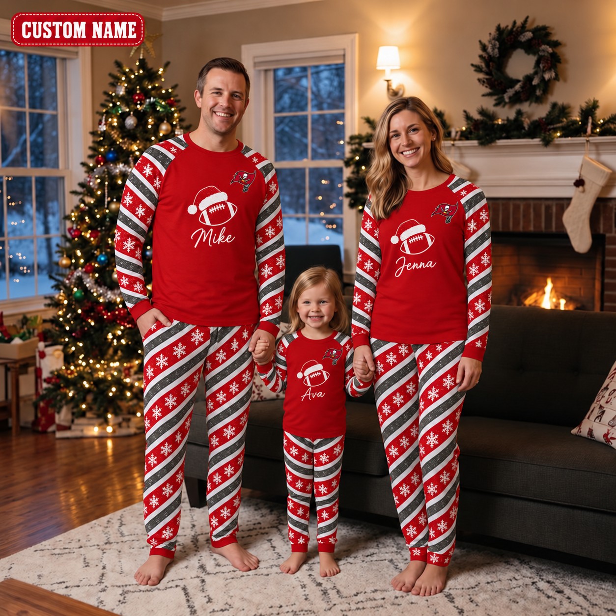 Tampa Bay Buccaneers family Christmas pajamas, candy stripe design