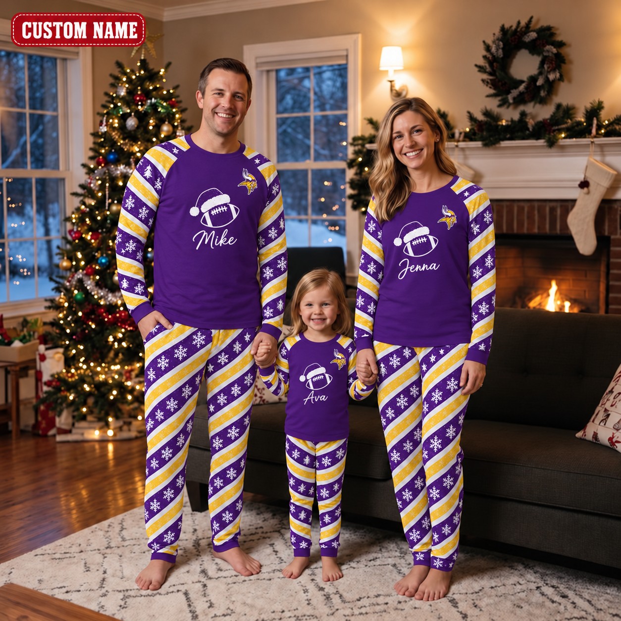 Minnesota Vikings family Christmas pajamas, candy stripe design