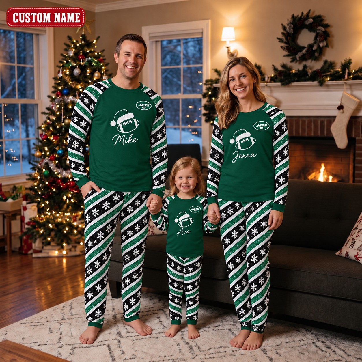 New York Jets family Christmas pajamas, candy stripe design