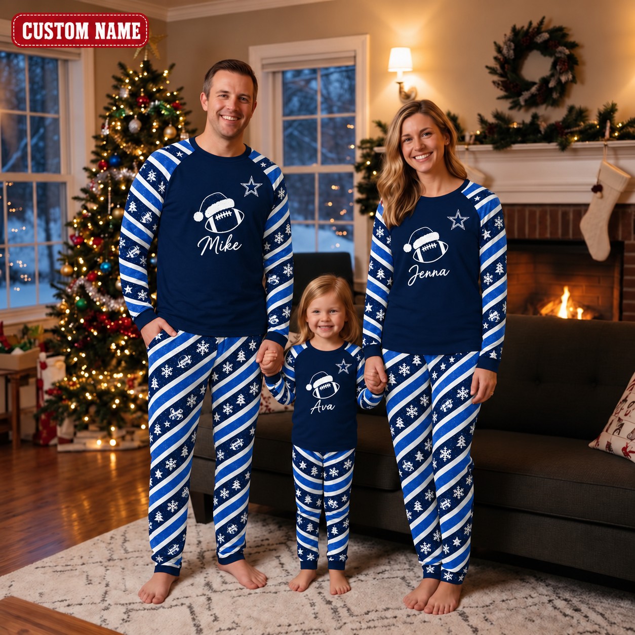 Dallas Cowboys family Christmas pajamas, candy stripe design