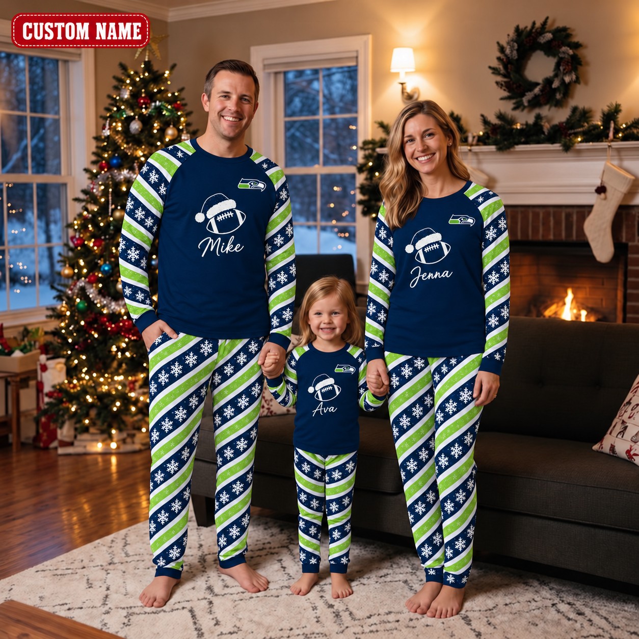 Seattle Seahawks family Christmas pajamas, candy stripe design
