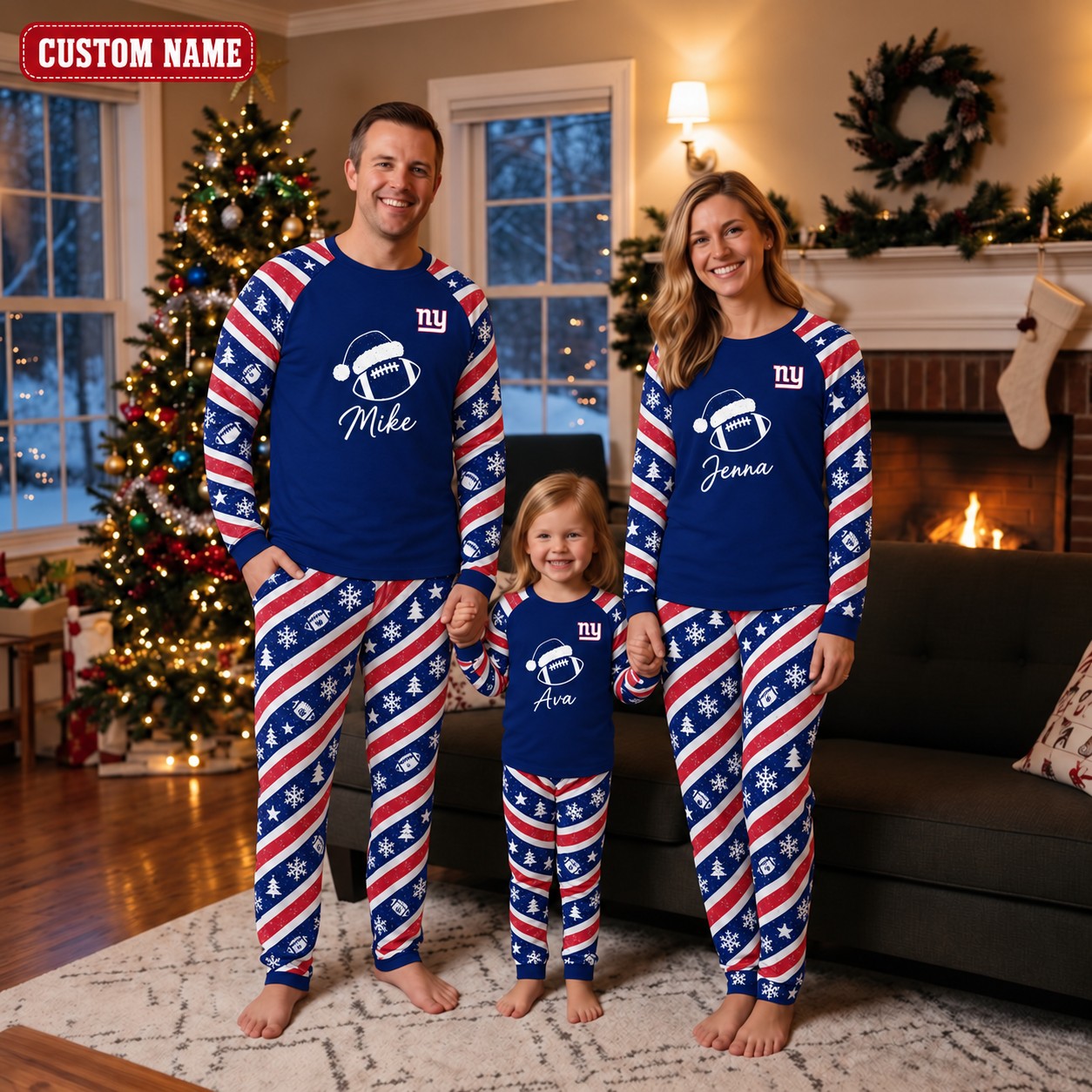 New York Giants family Christmas pajamas, candy stripe design