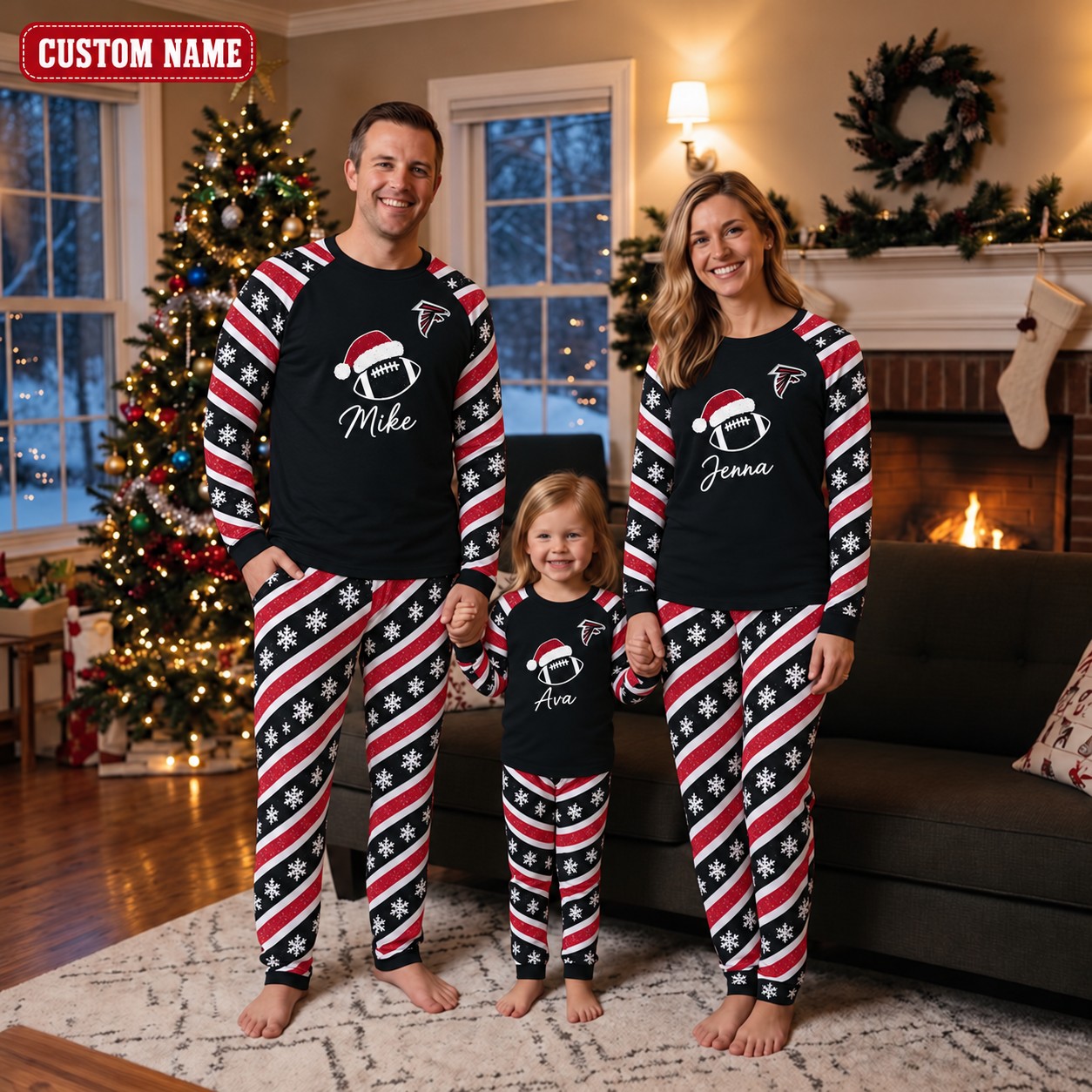 Atlanta Falcons family Christmas pajamas, candy stripe design