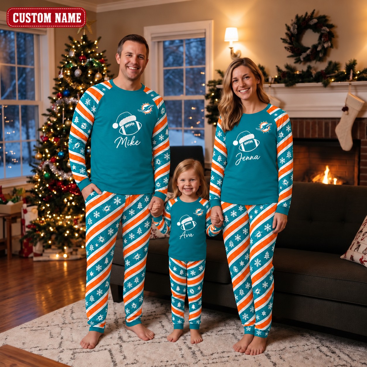 Miami Dolphins family Christmas pajamas, candy stripe design