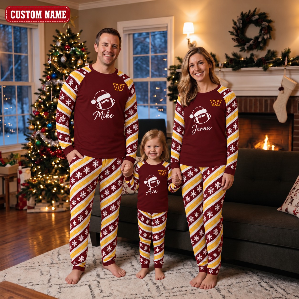 Washington Commanders family Christmas pajamas, candy stripe design