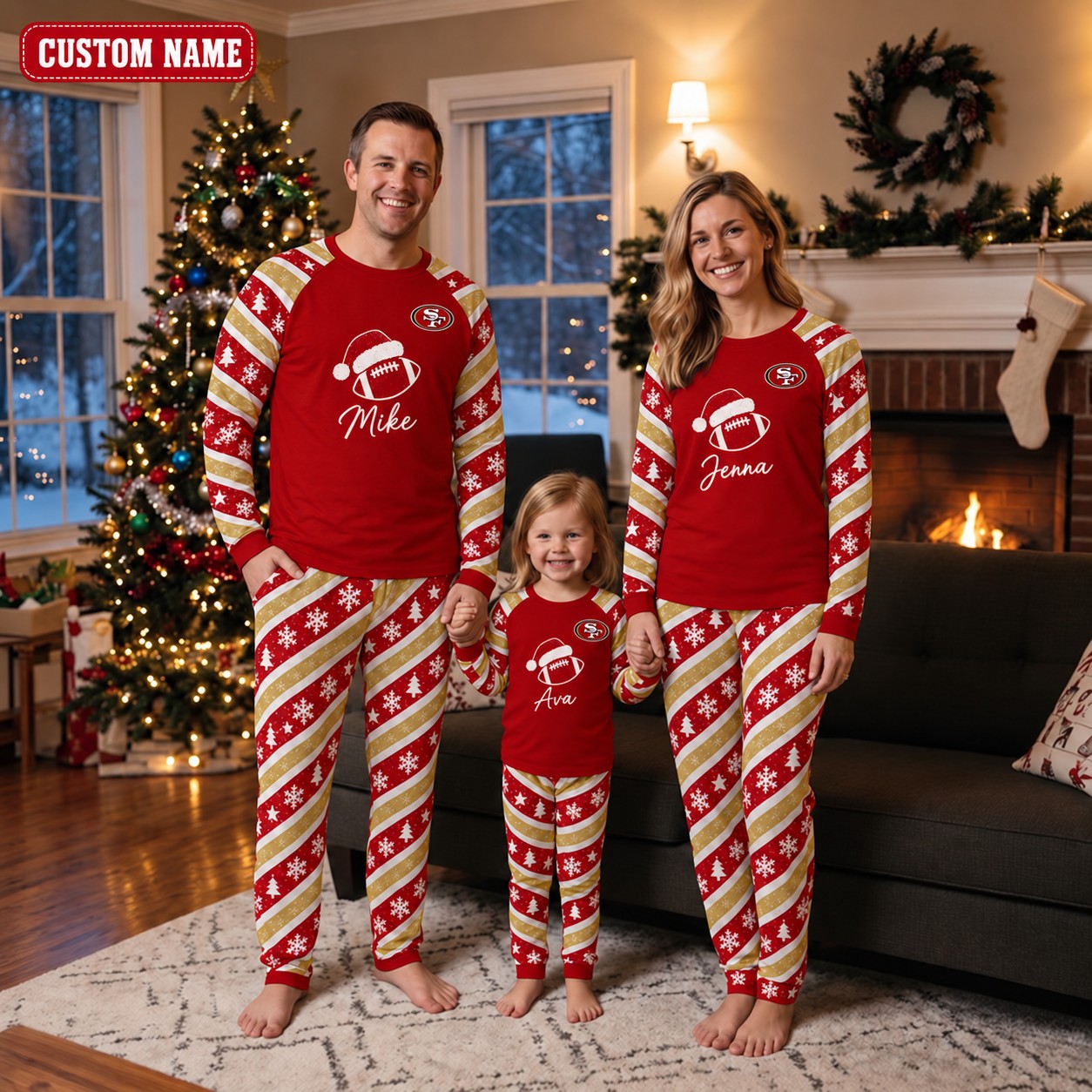 San Francisco 49ers family Christmas pajamas, candy stripe design