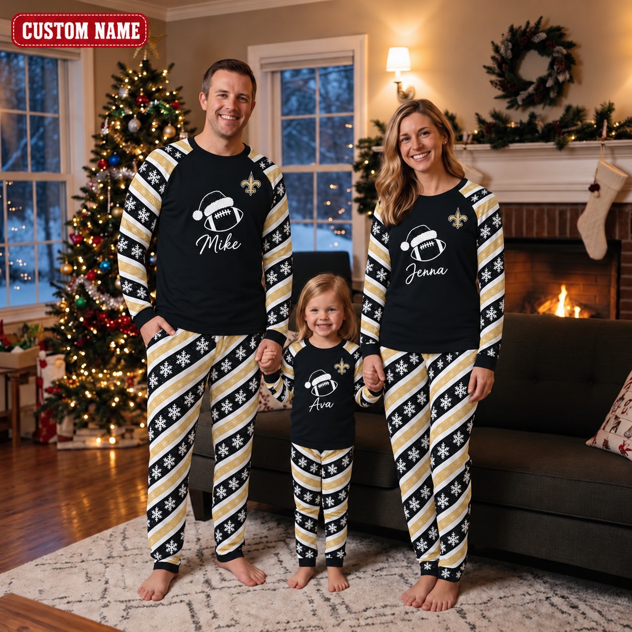 New Orleans Saints family Christmas pajamas, candy stripe design