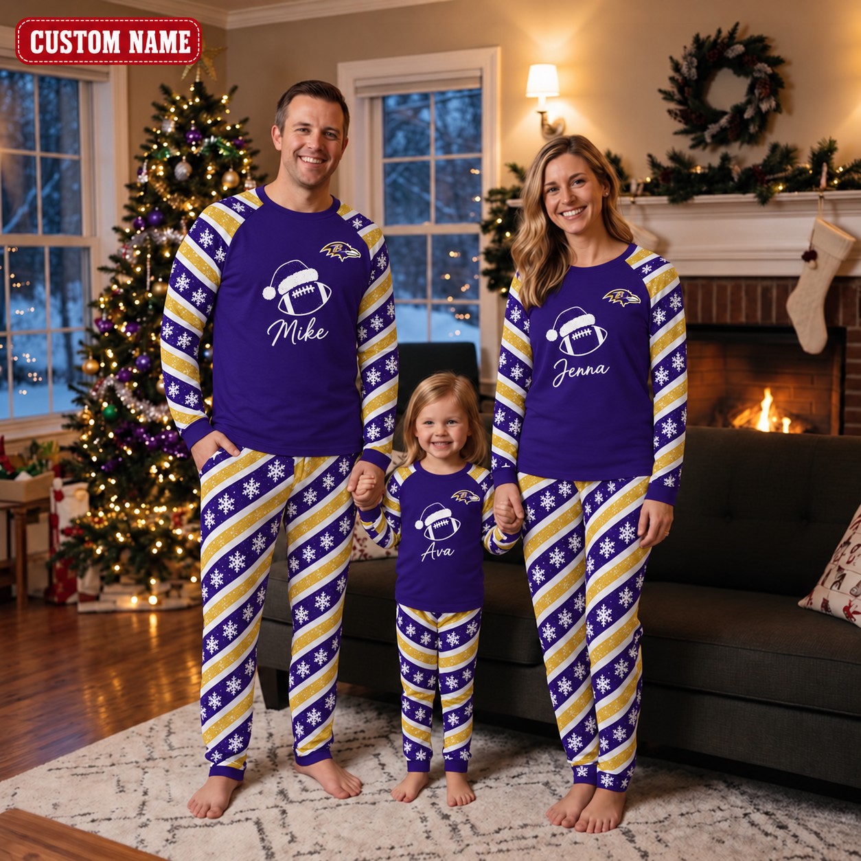 Baltimore Ravens family Christmas pajamas, candy stripe design