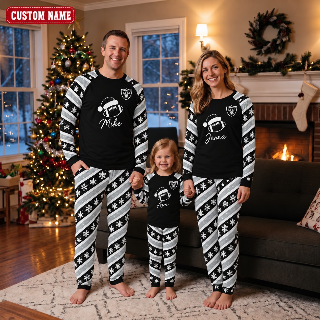 Las Vegas Raiders family Christmas pajamas, candy stripe design