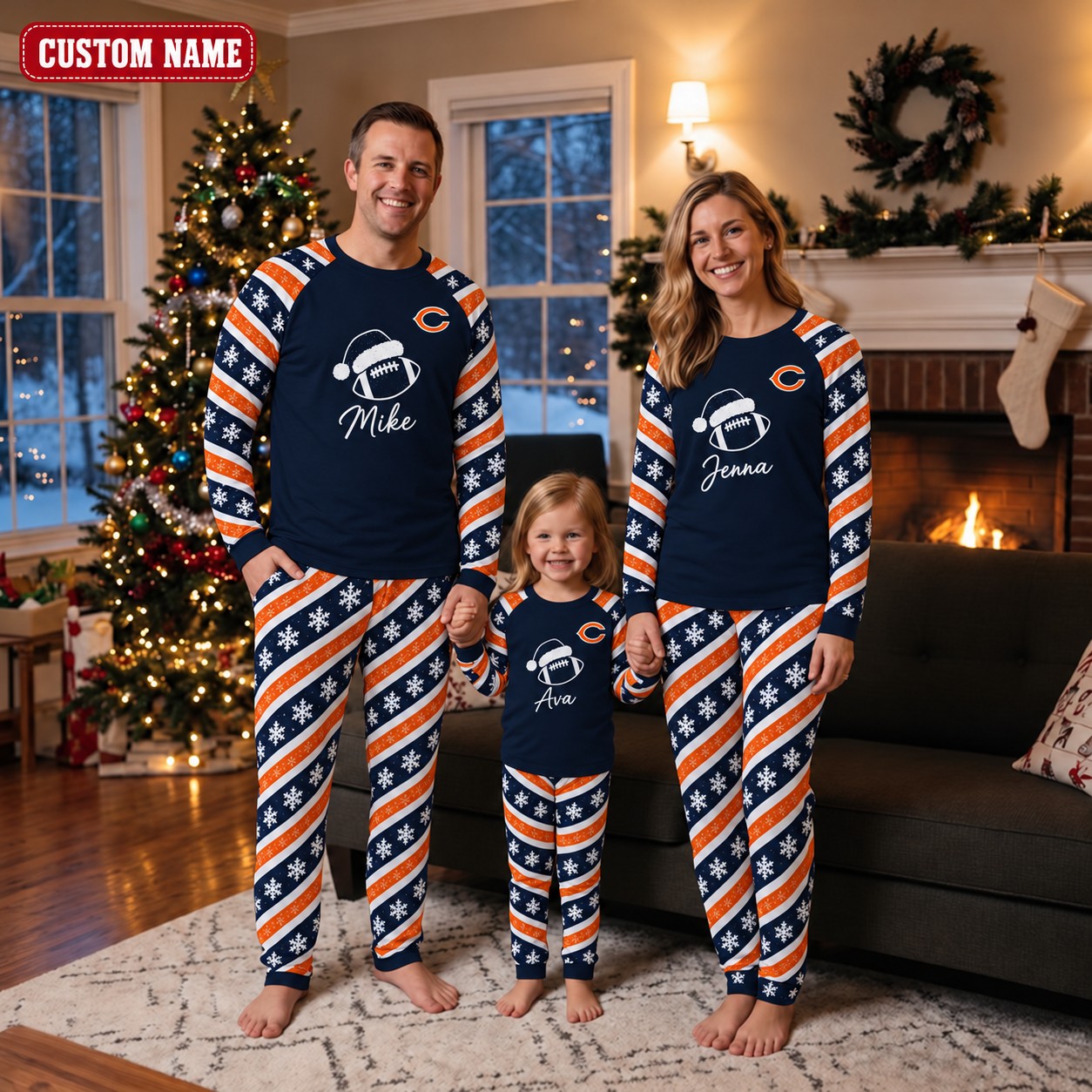 Chicago Bears family Christmas pajamas, candy stripe design